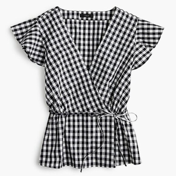 J. Crew Tops - J Crew Flutter Sleeve Wrap Gingham Blouse | Size 4